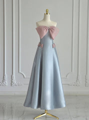 Blue Satin Straples Pink Bow Prom Dresses