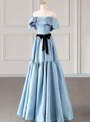 Blue Satin Strapless Prom Dresses With Belt