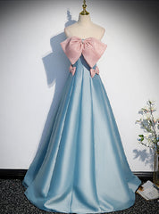 Blue Satin Strapless Prom Dresses With Pink Bow