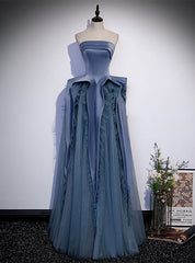 Blue Satin Tulle Sequins Strapless Prom Dresses