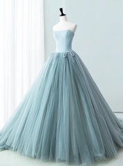 Blue Satin Tulle Strapless Beading Prom Dresses