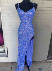 Blue Sequins Criss Cross Back Prom Dresses