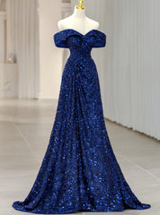 Blue Sequins Off the Shoulder Prom Dresses