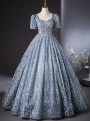 Blue Sequins Short Sleeve Beading Quinceanera Dresses