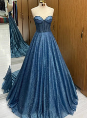 Blue Sequins Sweetheart Beading Prom Dresses