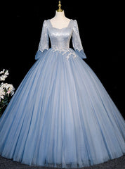 Blue Sequins Tulle Long Sleeve Quinceanera Dresses