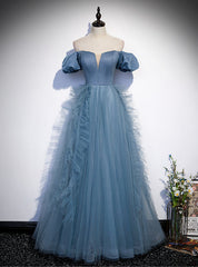 Blue Sequins Tulle Off the Shoulder Prom Dresses