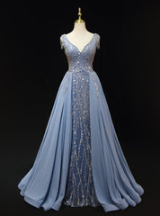 Blue Sequins V-neck Beading Prom Dresses