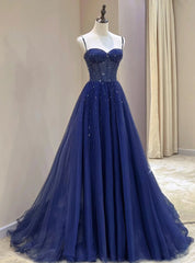 Blue Spaghetti Straps Tulle Beading Prom Dresses