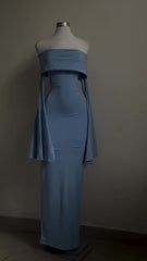 Blue Strapless Prom Dresses Long Sleeve Bodycon Party Dresses