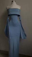 Blue Strapless Prom Dresses Long Sleeve Bodycon Party Dresses