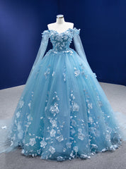 Blue Tulle 3D Appliques Off the Shoulder Prom Dresses