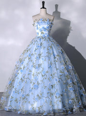 Blue Tulle 3D Flower Strapless Quinceanera Dresses