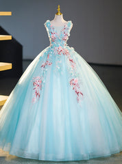 Blue Tulle Appliques Ball Gown Quinceanera Dresses