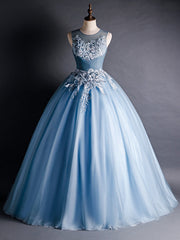 Blue Tulle Appliques Beading Pleats Quinceanera Dresses