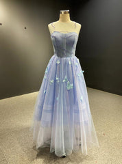 Blue Tulle Appliques Beading Prom Dresses