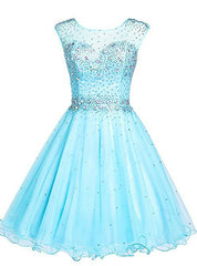 Blue Tulle Backless Beading Crystal Short Homecoming Party Dress