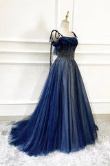 Blue Tulle Beaded Long A-Line Prom Dress, Blue Spaghetti Straps Evening Dress