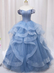 Blue Tulle Beading Off the Shoulder Prom Dresses