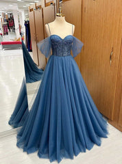 Blue Tulle Beading Spaghetti Straps Prom Dresses