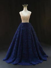 Blue Tulle Beading V-neck Prom Dresses