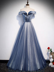 Blue Tulle Beads Long Prom Dress, Blue Tulle Formal Dress