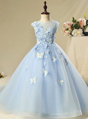 Blue Tulle Cap Sleeve Flowerr Girl Dresses With Butterfly Appliques