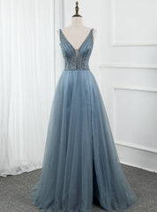 Blue Tulle Deep V-neck Backless Beading Sequins Prom Dresses