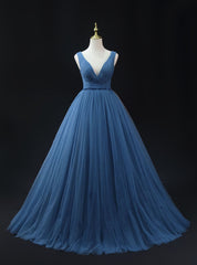 Blue Tulle Deep V-neck Pleats Beading Prom Dresses