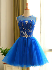 Blue Tulle Knee Length Backless Beading Homecoming Dresses