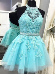 Blue Tulle Lace Halter Backless Homecoming Dresses