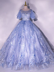 Blue Tulle Lace Short Sleeve Backless Beading Quinceanera Dresses