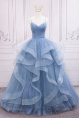 Blue Tulle Layers Long Formal Dress, Blue Tulle with Straps Party Dress