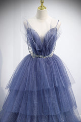 Blue Tulle Layers Long Prom Dress, A-Line Spaghetti Strap Party Dress