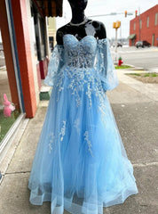 Blue Tulle Long Sleeve Appliques Prom Dresses