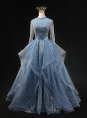 Blue Tulle Long Sleeve Backless Beading Prom Dresses