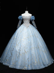 Blue Tulle Long Sleeve Beading Quinceanera Dresses