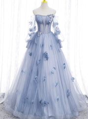 Blue Tulle Long Sleeve Flower Prom Dresses