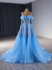 Blue Tulle Long Sleeve Sequins Beading Prom Dresses