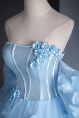 Blue Tulle Long Sleeves Formal Dress with Flowers, Blue A-Line Prom Party Dress