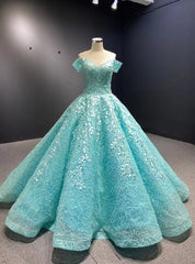 Blue Tulle Off the Shoulder Appliques Prom Dresses