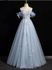 Blue Tulle Off the Shoulder Flower Pearls Prom Dresses