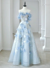 Blue Tulle Off the Shoulder Flower Prom Dresses