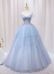 Blue Tulle Off the Shoulder Lace Beading Prom Dresses