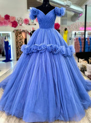 Blue Tulle Off the Shoulder Pleats Flower Prom Dresses