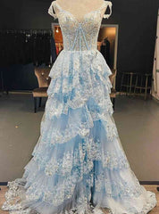 Blue Tulle Off the Shoulder Sequins Appliques Prom Dresses