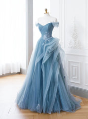 Blue Tulle Off the Shoulder Tulle Appliques Prom Dresses