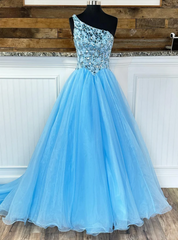 Blue Tulle One Shoulder Sequins Crystal Prom Dresses