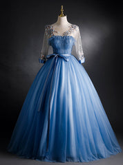 Blue Tulle Pleats Appliques Long Sleeve Quinceanera Dresses