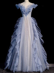 Blue Tulle Pleats Beading Prom Dresses